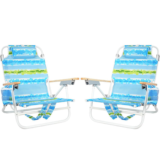 2 Pack Backpack Beach Chairs for Adults Capacity 300 Lb Low 5 Position Beach Chair with Pouch Straps Folding Lightweight Reclining Aluminum