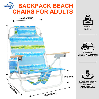 2 Pack Backpack Beach Chairs for Adults Capacity 300 Lb Low 5 Position Beach Chair with Pouch Straps Folding Lightweight Reclining Aluminum